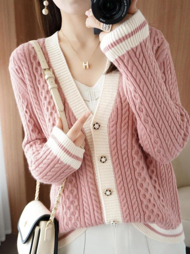 Raccoon Velvet Knitted Cardigan V-Neck Twisted Sweater