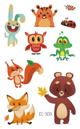 24 kinds Cartoon Animals Temporary Tattoo Stickers for Kids Lion Tiger Giraffe Elephant Fox Hedgehog Turtle tatouage temporaire