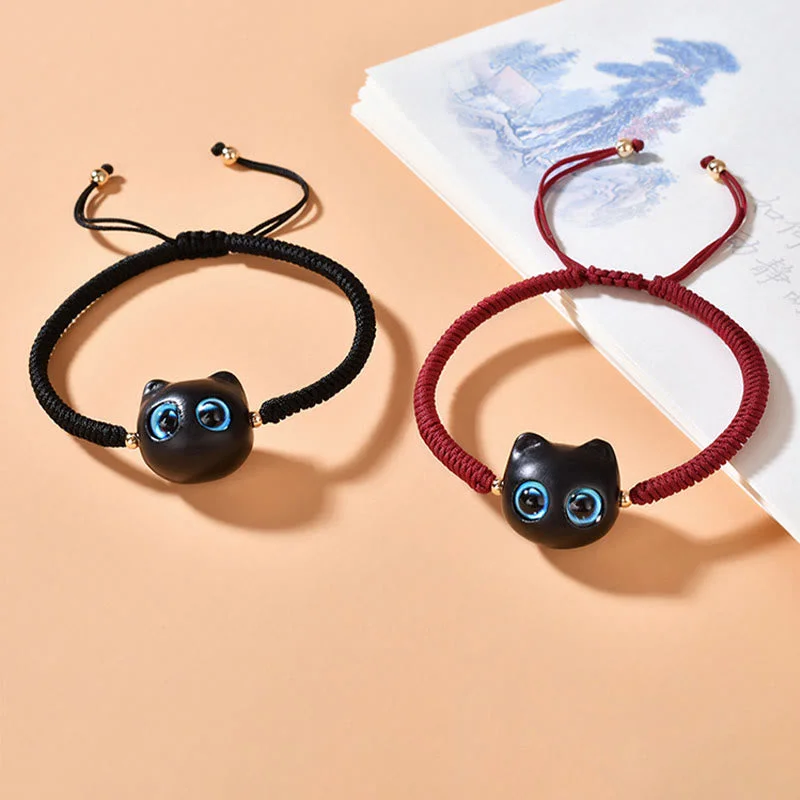 Ebony Wood Cat Head Pattern Peace King Kong Knot Braided Bracelet