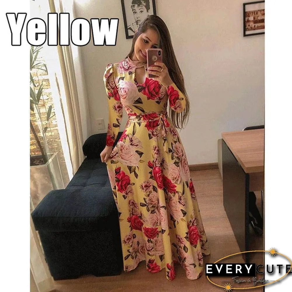 Women Fashion Long Sleeve Dress Maxi Dresses High Waist Flower Dress Party Dress