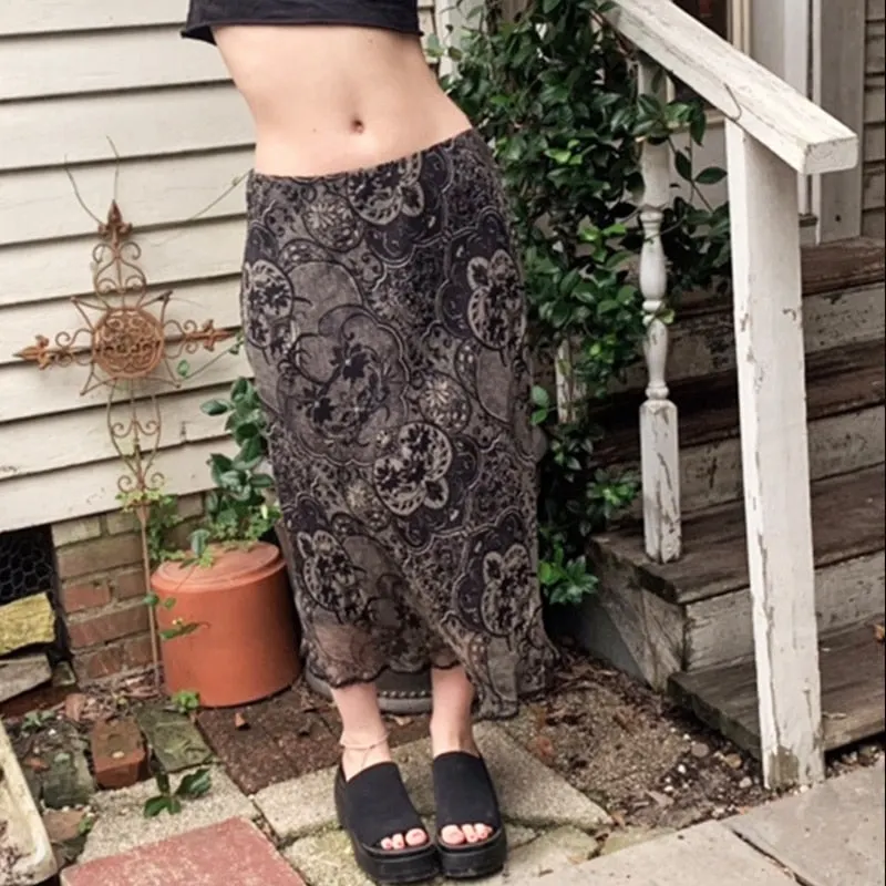 Rapcopter y2k Floral Midi Skirts Grunge Fairycore Straight Skirts Vintage Frill Cute Low Waisted Black Skirt Women Holiday Beach