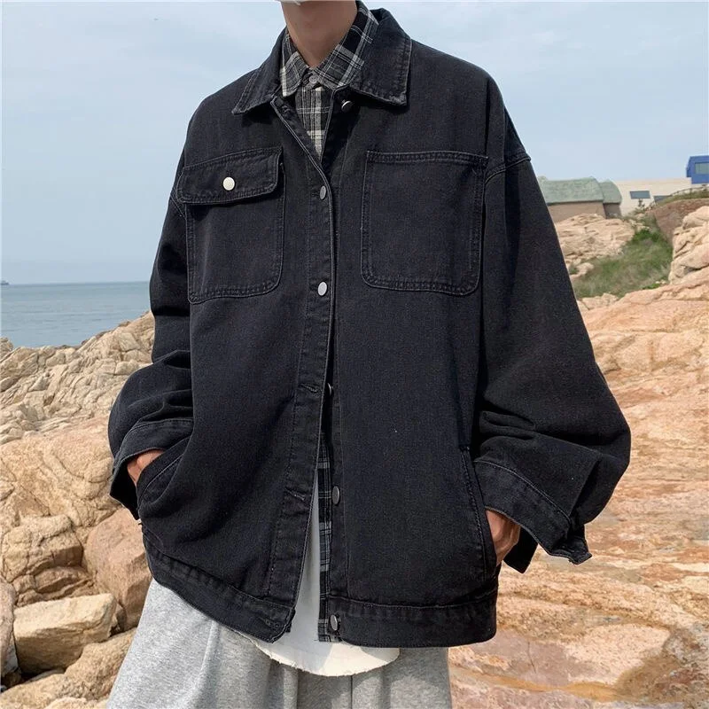 Men Jacket Denim Tooling Solid Color Long Sleeve Loose Fashion Spring And Autumn Tidal Current Streetwear Free Shipping New