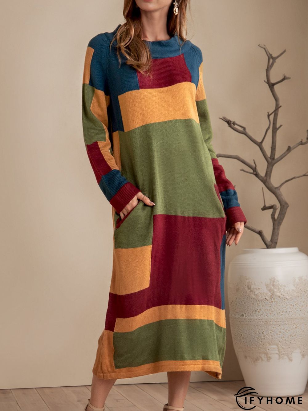 Yellow Shift Solid Pockets Color-Block Sweater Dress | IFYHOME