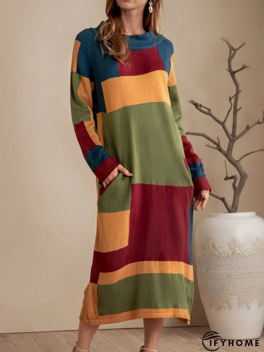 Yellow Shift Solid Pockets Color-Block Sweater Dress | IFYHOME