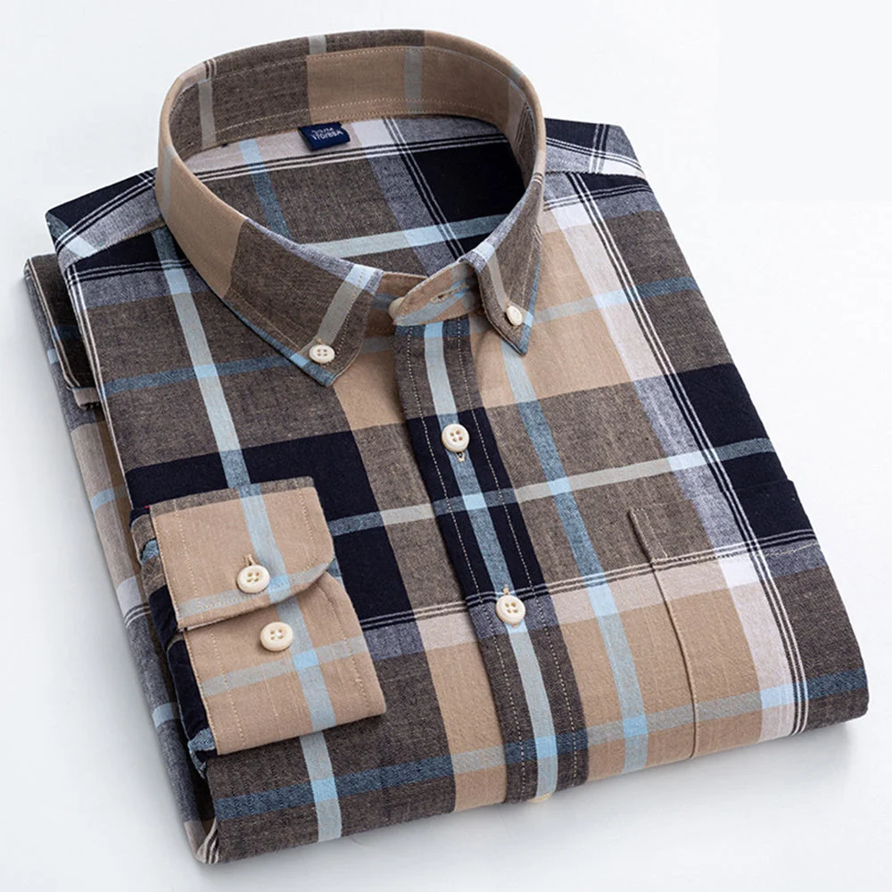 Smiledeer Spring Men's Cotton Linen Plaid Casual Long Sleeve Shirt