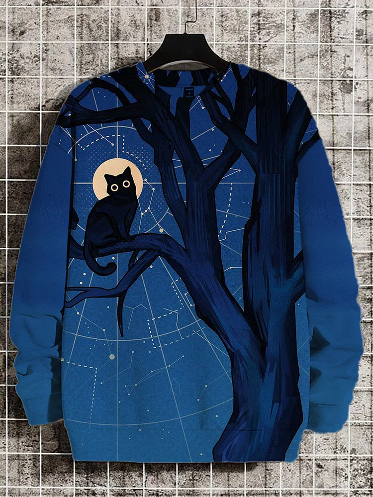 Men's Midnight Cat Constellation Art Print Casual Sweatshirt