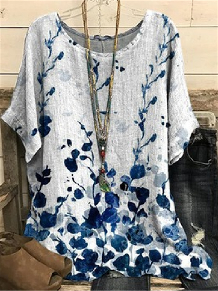 Women's Plus Size Curve Tops Blouse Shirt Floral Leaf Print Short Sleeve Round Neck Basic Vintage Daily Going out Spring Summer Blue Red