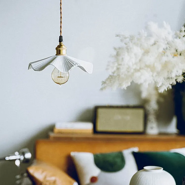 Vintage Japanese Ceramic Waves Scalloped Copper 1-Light Pendant Light