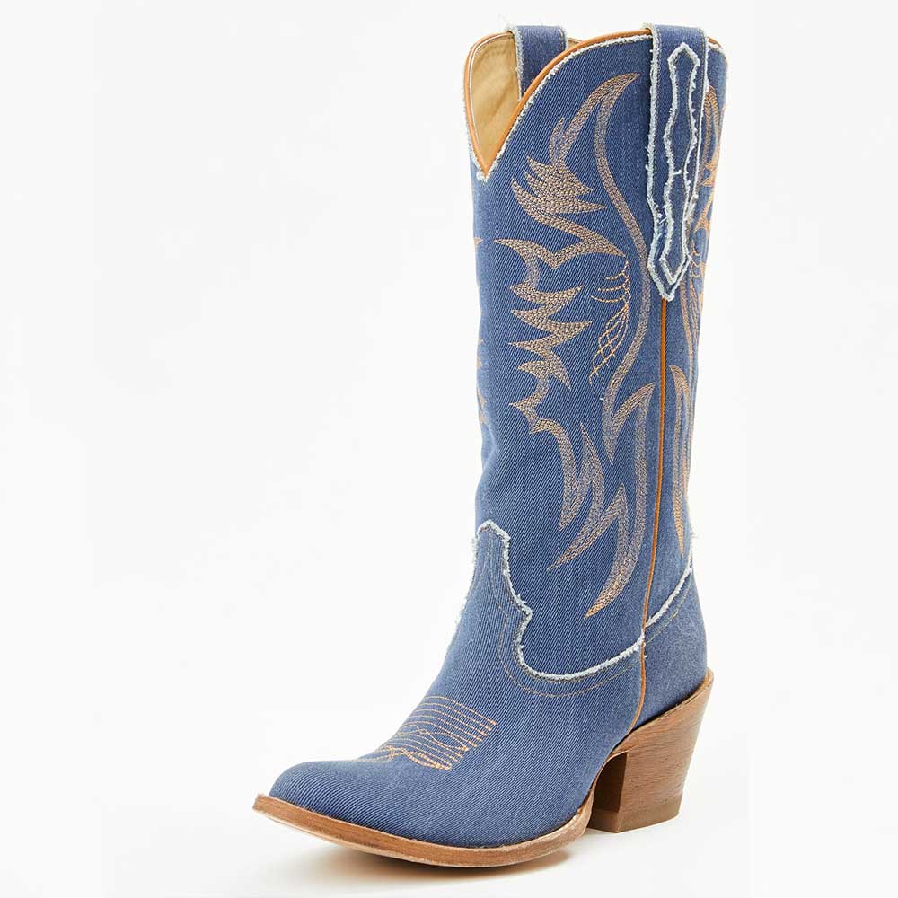 Blue Denim Embroidered Almond Toe Chunky Heel Mid-Calf Cowgirl Boots Nicepairs