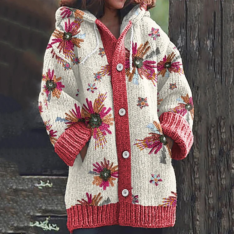 Flower Embroidery Art Cozy Hooded Cardigan