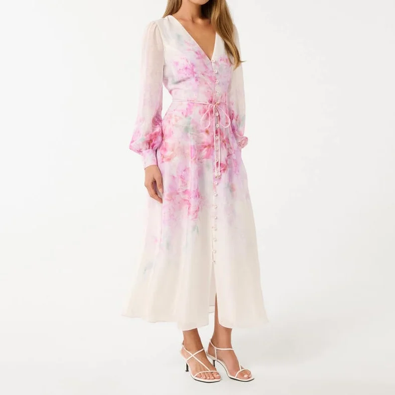 Abito midi a maniche lunghe con scollo a V e stampa floreale