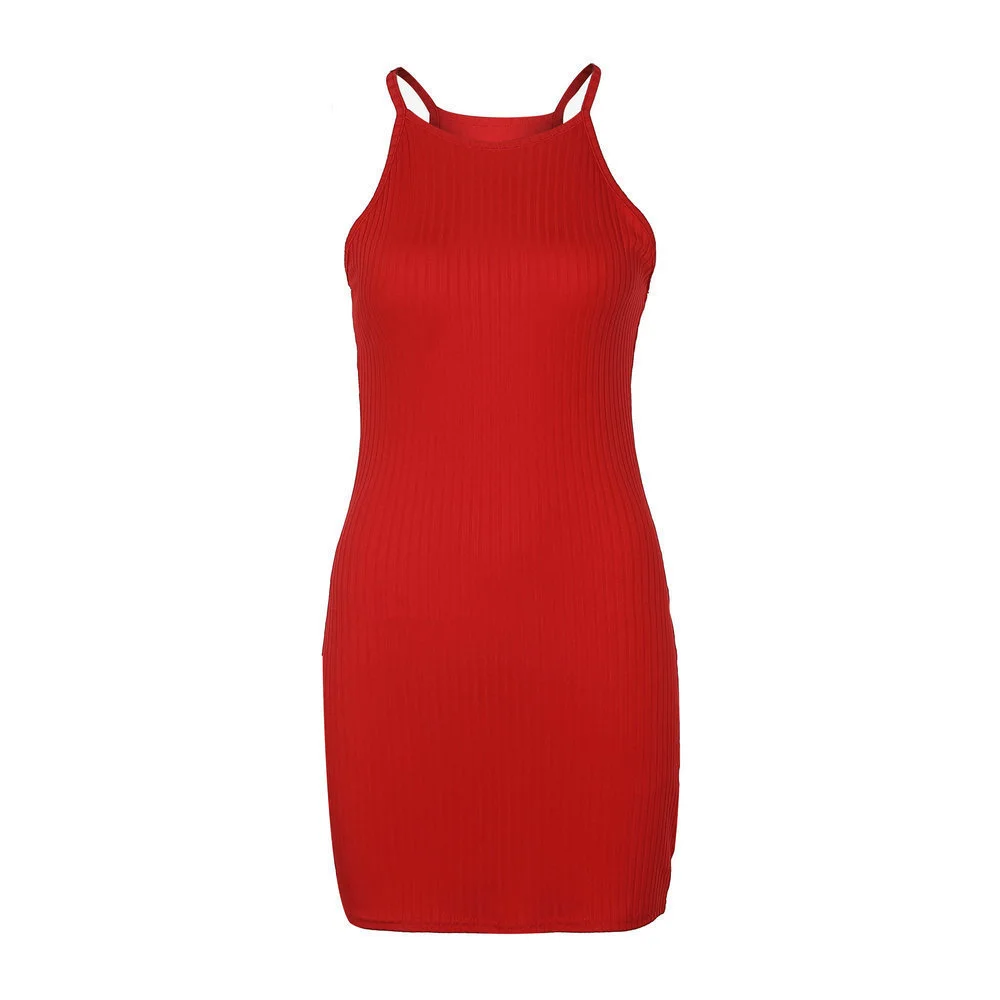 Uveng Uveng Spring And Summer Sexy Ribbed Small Halter Dress Solid Color Knit Show Thin Commuter Skirt