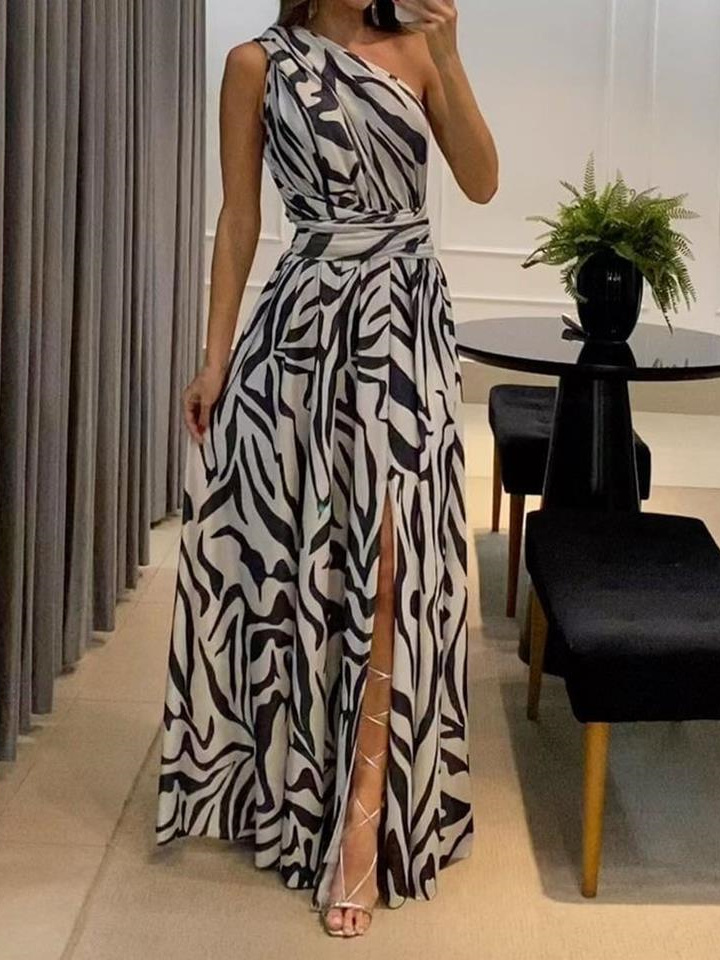 Summer Women's Sexy Leaky Back One Shoulder Sleeveless Printed High Waist Irregular Long Dresses
