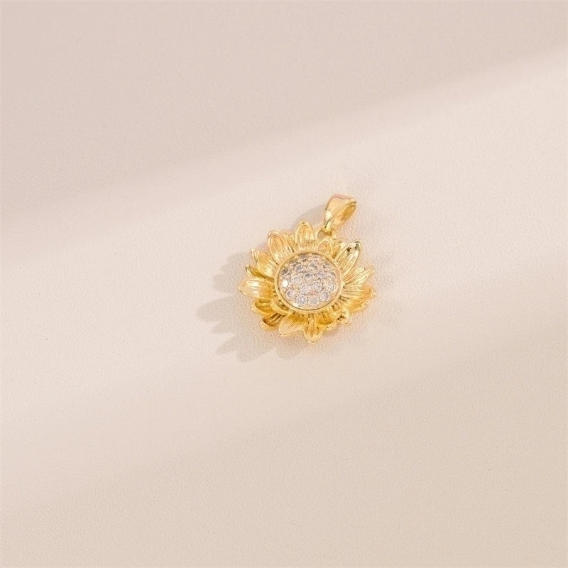 Cute Handmade Shiny Sunflower Leaves Heart Shape Brass 18k Gold Plated Zircon Charms In Bulk