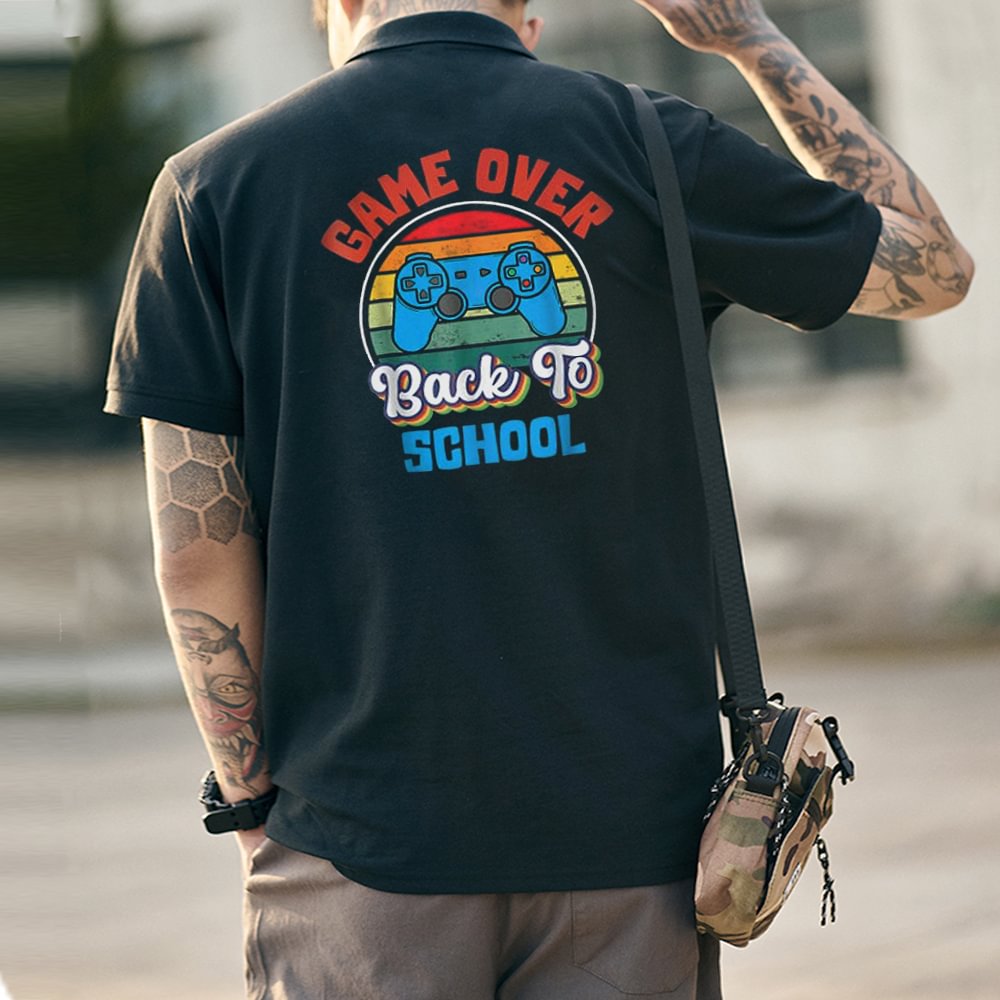 Men's Back To School Fun Print 'GAME OVER' BBack To School Polo Shirt、、URBENIE