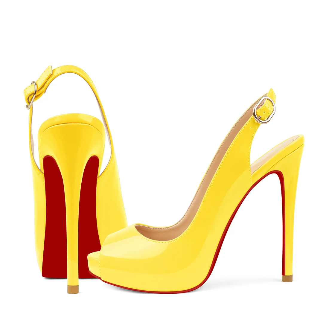 120mm Red Bottom Elastic Strap Slingback Sandals Peep Toe Platform Stilettos Black Patent Heels-MERUMOTE