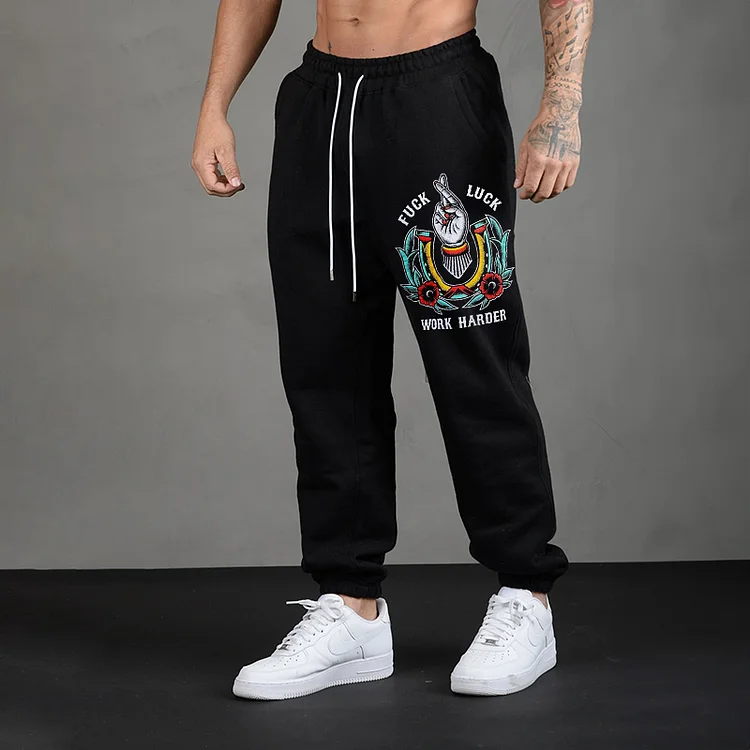 FUCK LUCK WORK HARDER HAND FLOWERS GRAPHIC CASUAL PRINT JOGGERS