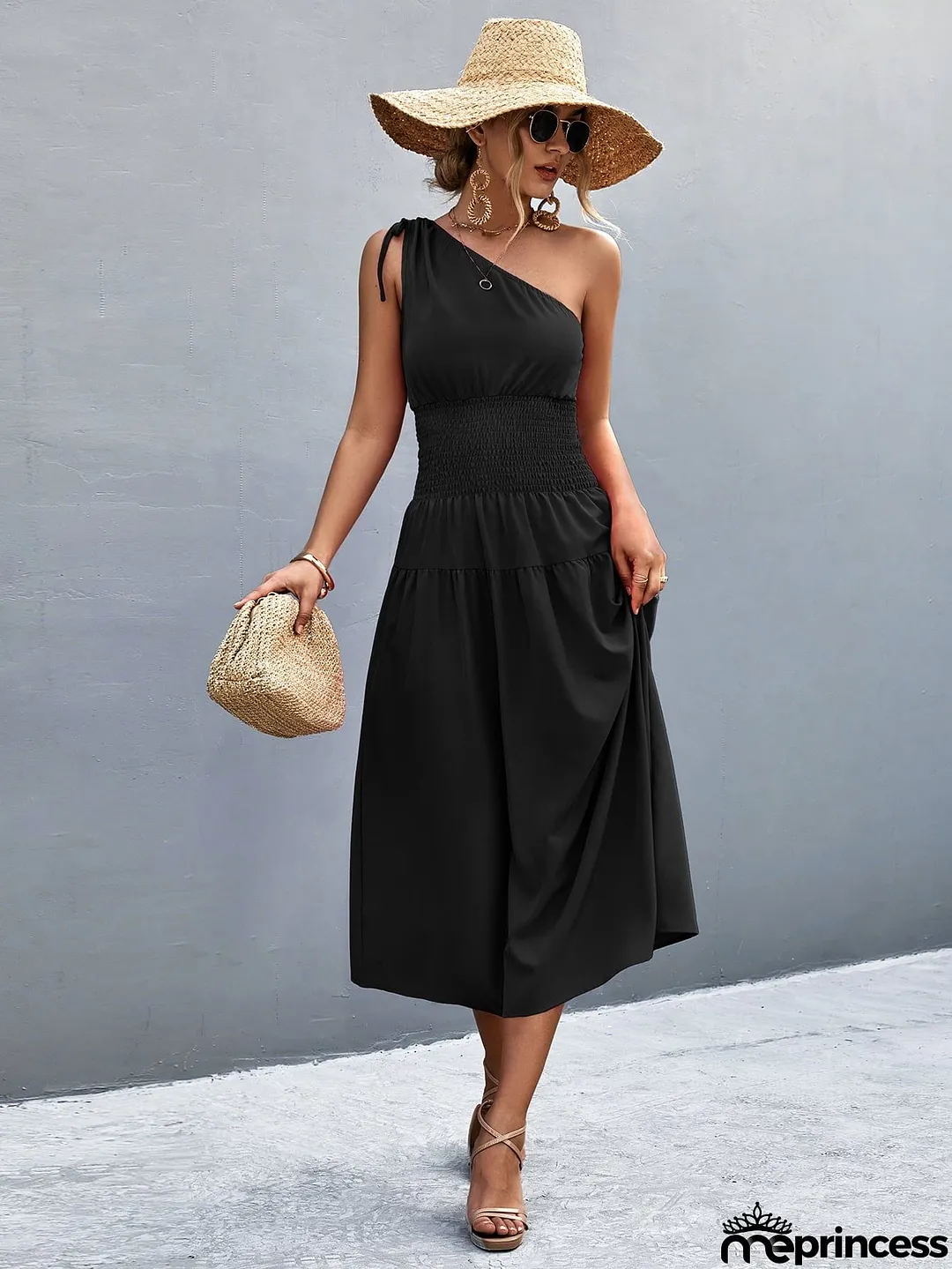 Asymmetrical One Shoulder Smocked Waist Midi Dress