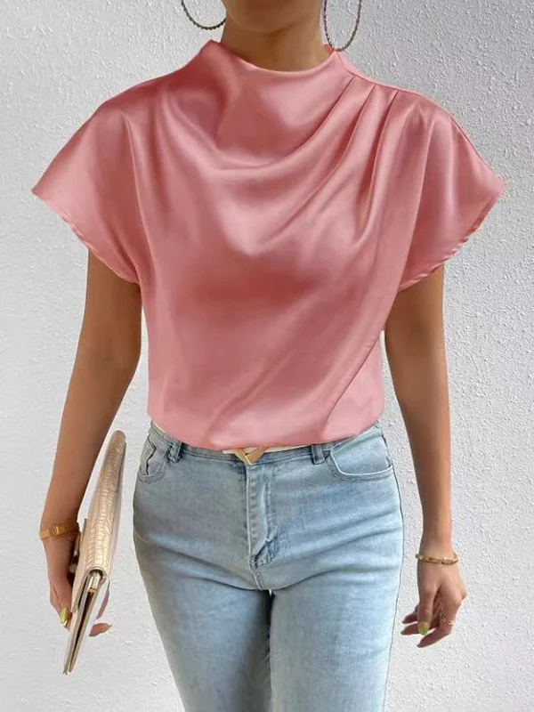 Pleated Solid Color Loose Short Sleeves Mock Neck T-Shirts Tops