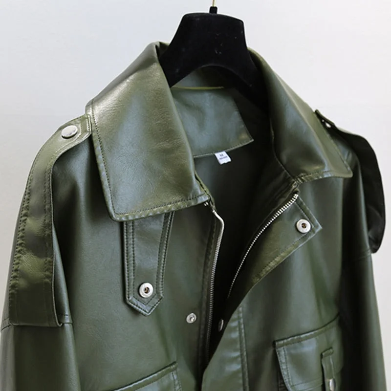 FTLZZ New Spring Autumn Women Slim Leather Jacket Zipper Pockets Motorcycle PU Leather Coat  Solid Parka Overcoat