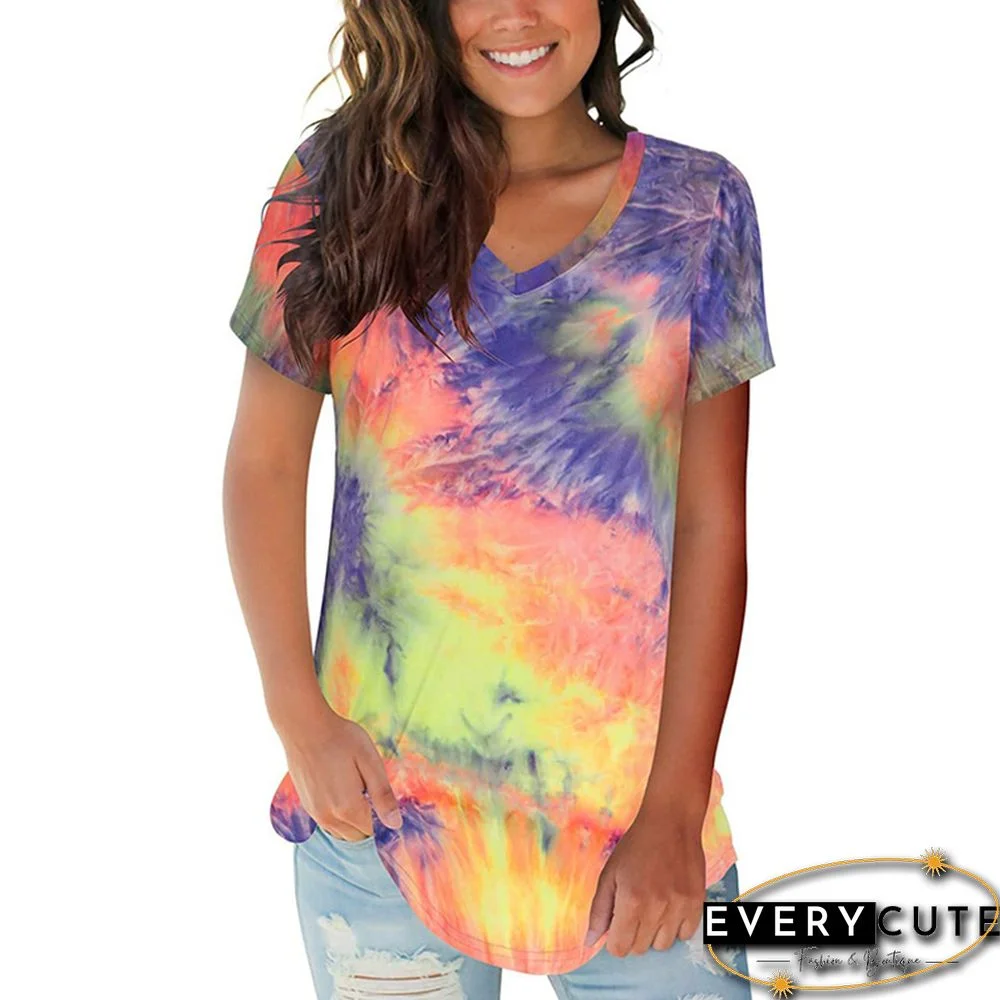 Yellow V Neck Tie Dye Short Sleeve Tees