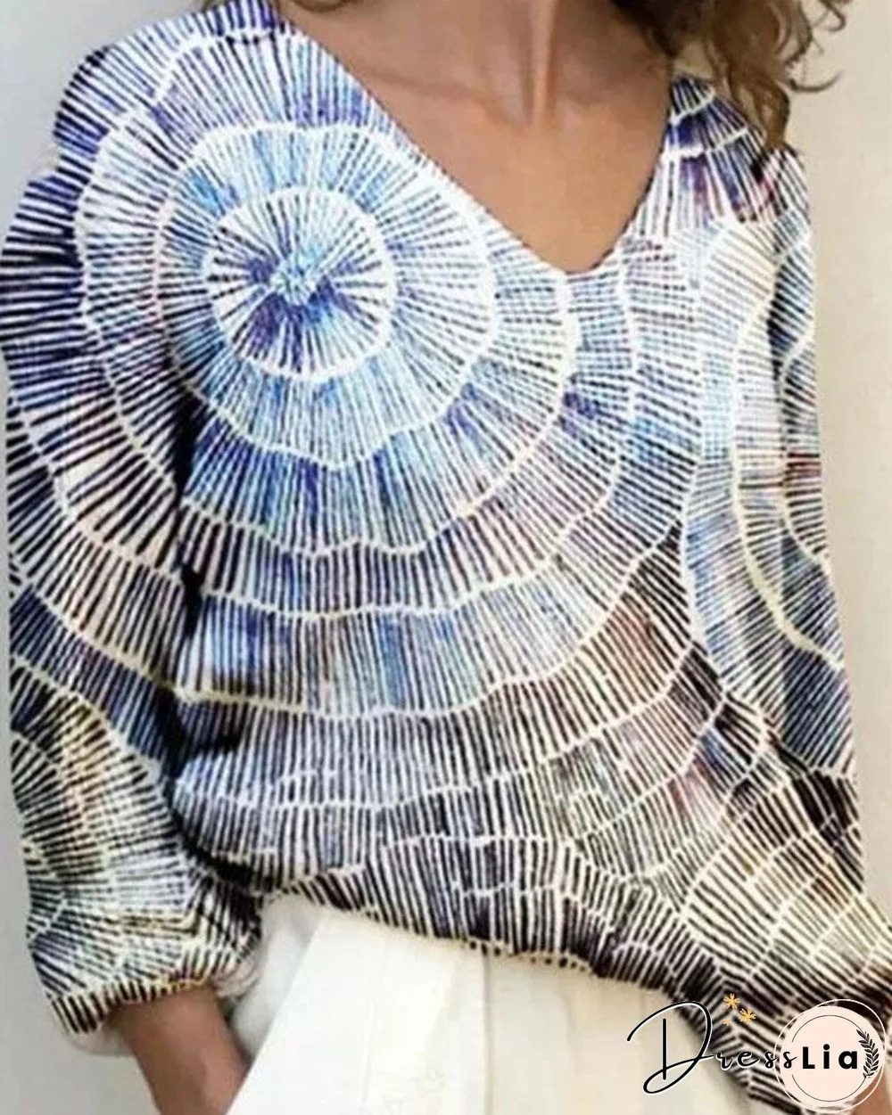 Tie Dye Casual V-Neck Long Sleeve Loose Fit Blouse