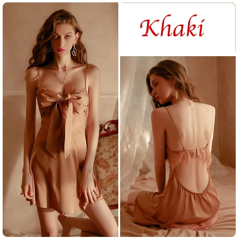 Billionm Nighties for Women Sleep Dress Bow Lace Temptation Deep V Open Back Ice Silk Sling Nightdress Home Clothes Dropshipping