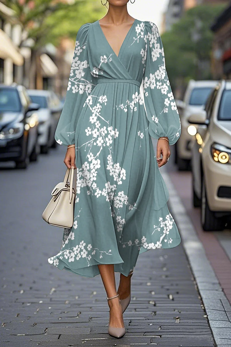 Elegant Floral Print Lantern Sleeve V-Neck A-Line Midi Chiffon Dress