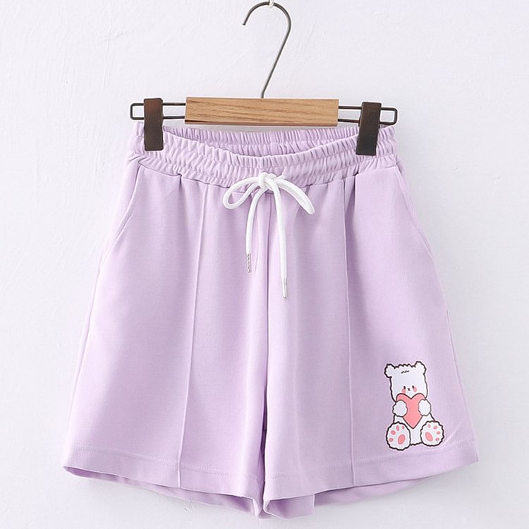 Love Heart Bear Embroidery Pocket Drawstring Shorts - Modakawa modakawa
