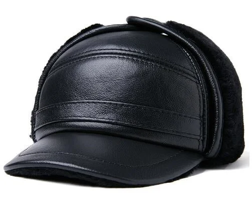 Mens Leather Hats Dads Bomber Hat Cowhide Baseball Cap Plus Velvet Keep Warm Earmuffs Winter Hat Snapback Peaked Caps Gorra