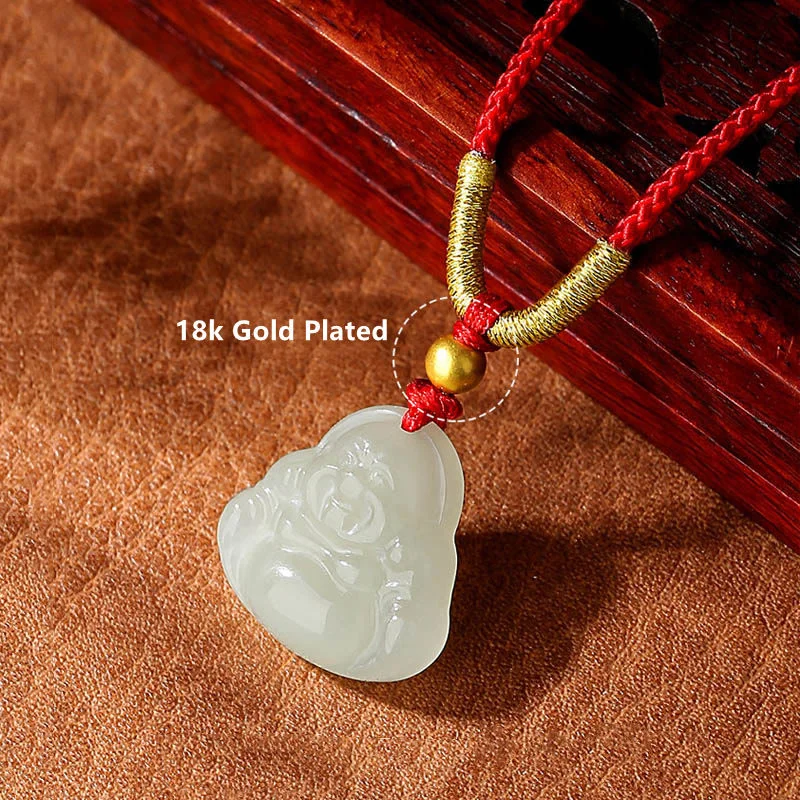 18k Gold Plated Natural Hetian Jade Laughing Buddha Wealth String Necklace Pendant