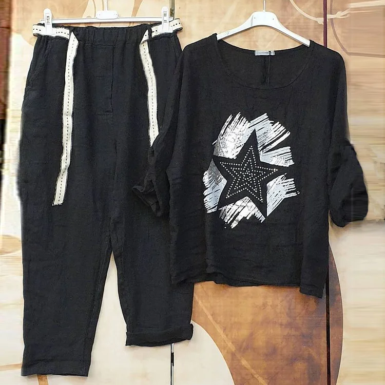 Short Sleeve Casual Star Cotton Blend Two Piece Set