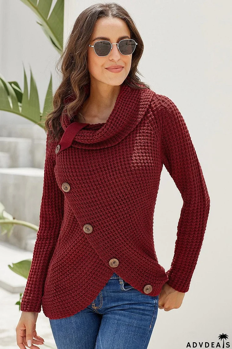 Burgundy Buttoned Wrap Turtleneck Sweater