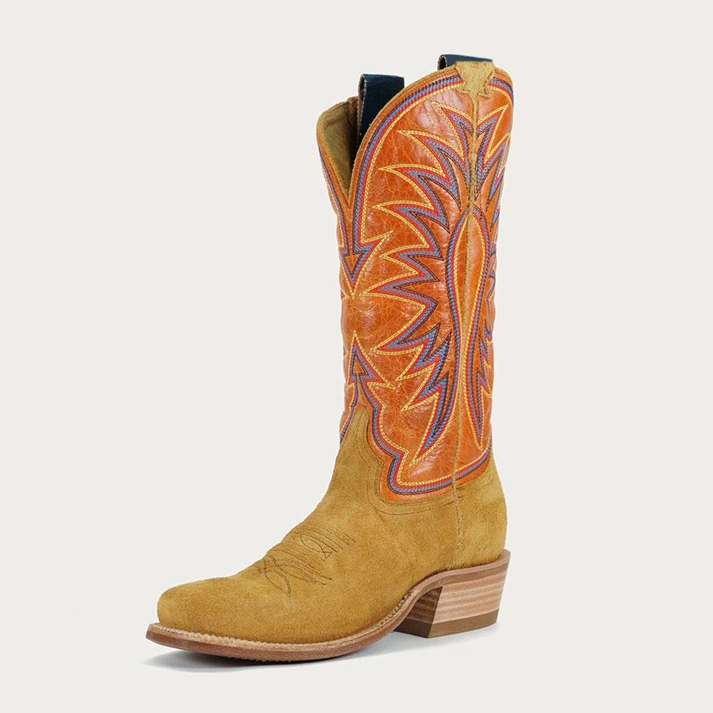  Dark Yellow Square Toe Patchwork Embroidered Cowgirl Boots with Loops Nicepairs