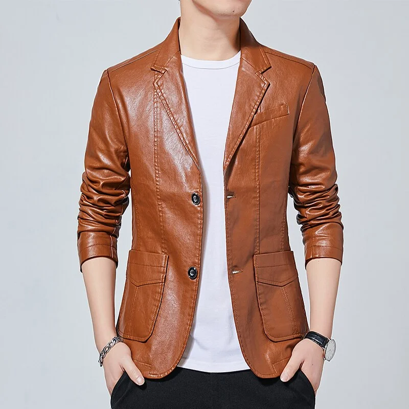 Woherb Faux Leather Coat Blazer Men Business Suit Jackets Male Slim Fit Solid Two Buttons Black Windbreakers Casual blazer hombre