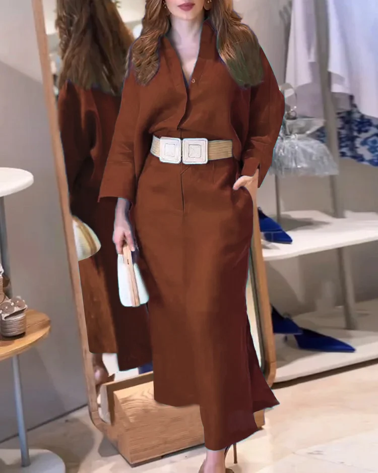 Lapel loose solid color dress (without belt)