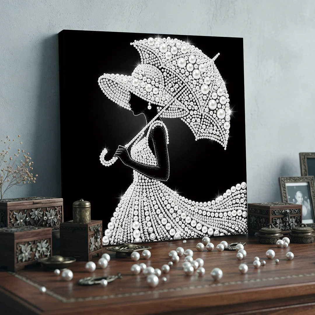 The Wealthy Lady With An Umbrella - DIY Pearl Diamond Art Kit With Frame 25*25cm