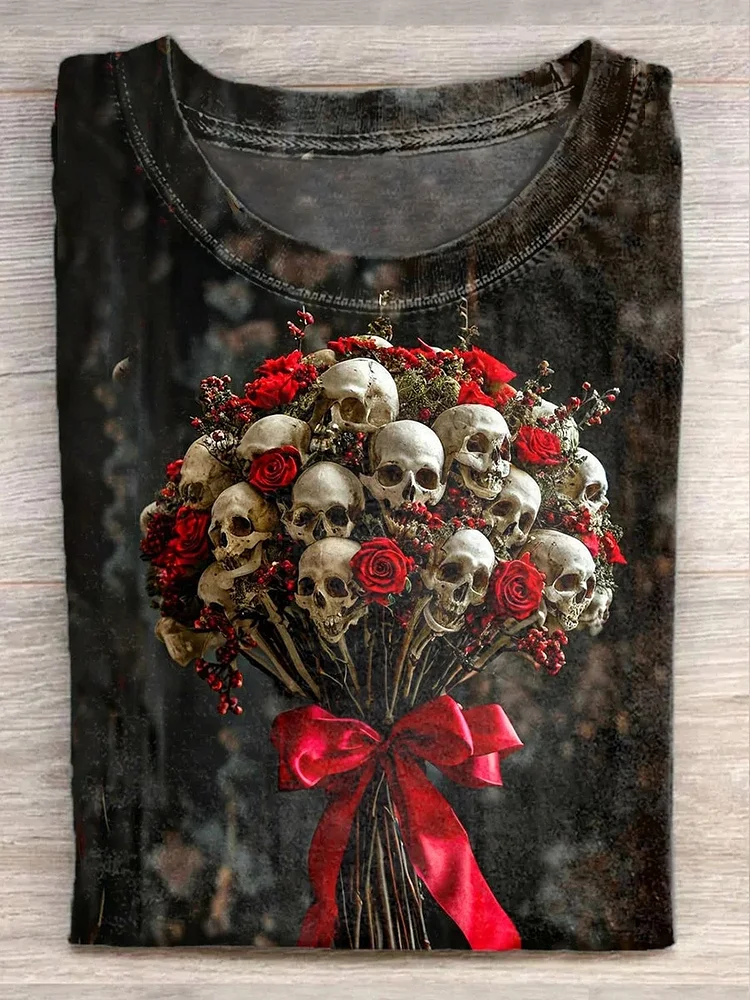Teecade Teecade Skull Bouquet Illustration Art Print T-shirt