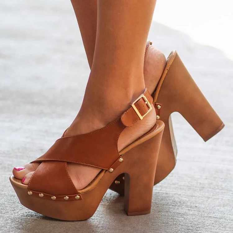 Brown Slingback Shoes Peep Toe Chunky Heel Studded Platform Sandals |FSJ Shoes