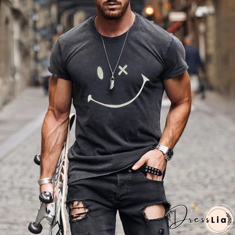 Mens Fashion Washing Short Sleeve Smiley T-Shirt