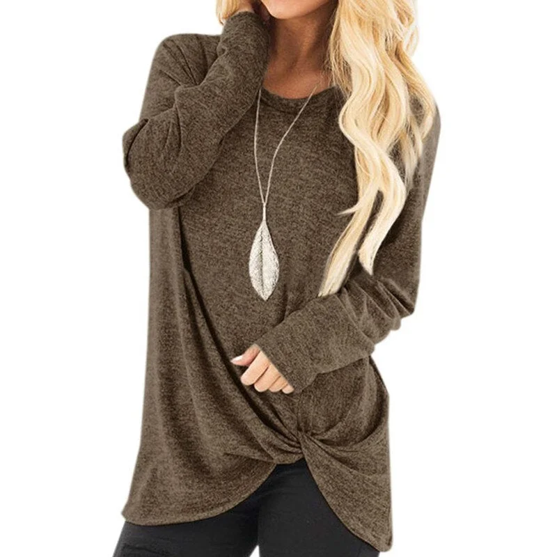 PENERAN Women Top Autumn Spring T-Shirts New Twist Knot Irregular Shirt O-Neck Explosion Shirts Causal Solid Blusas Bottoming Top GV989