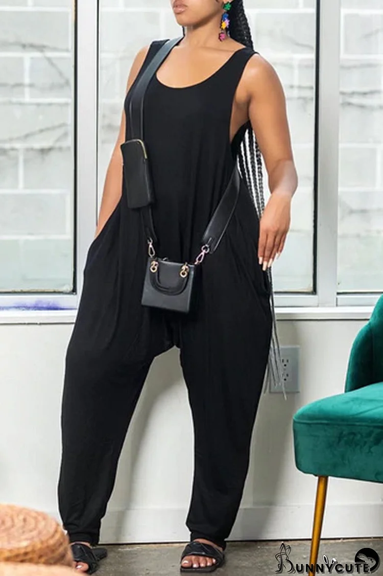 Black Fashion Casual Solid Vests O Neck Regular Jumpsuits