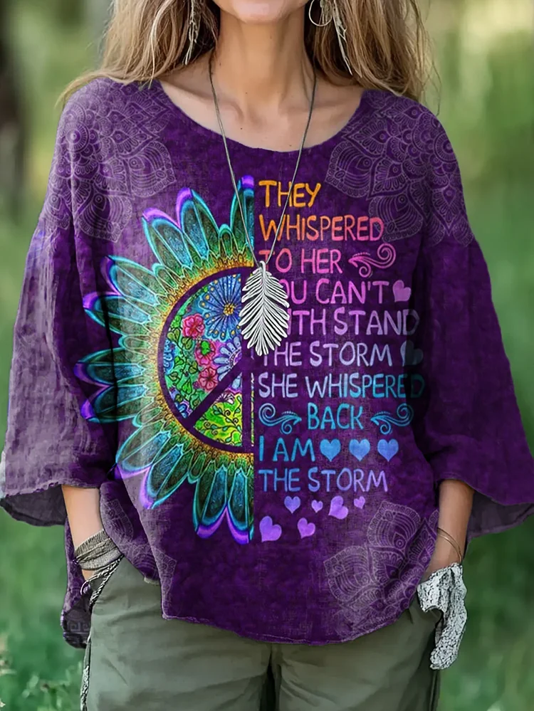 Women's Hippie Peace Art Pattern Casual Cotton And Linen Shirt
