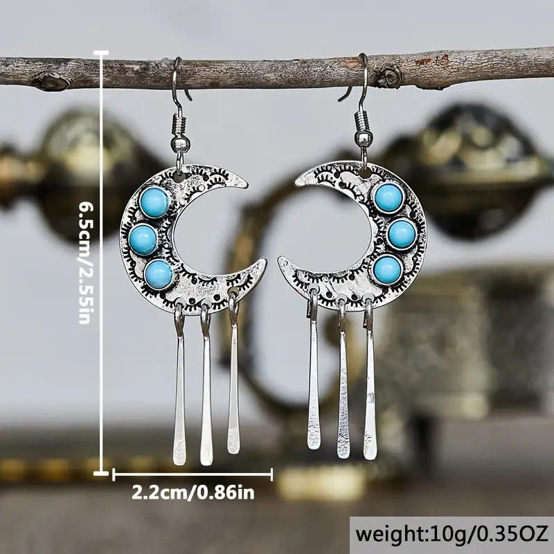 boho shaped earrings with synthetic gemstones and tassel pendant vintage simple alloy ear accessories party gift jewelry 1