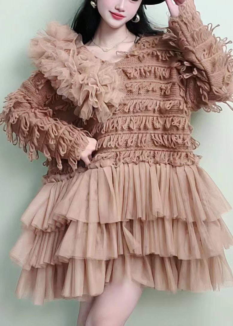Loose Khaki O-Neck Patchwork Summer  Dress Half Sleeve