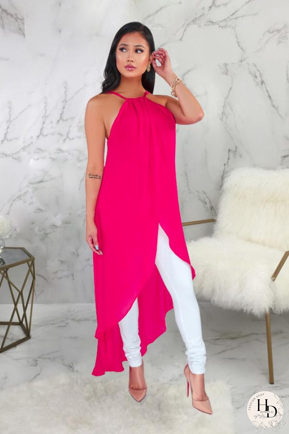 Red Polyester Sexy Fashion Tank Sleeveless O neck Asymmetrical Ankle-Length Patchwork Solid asymmetrical