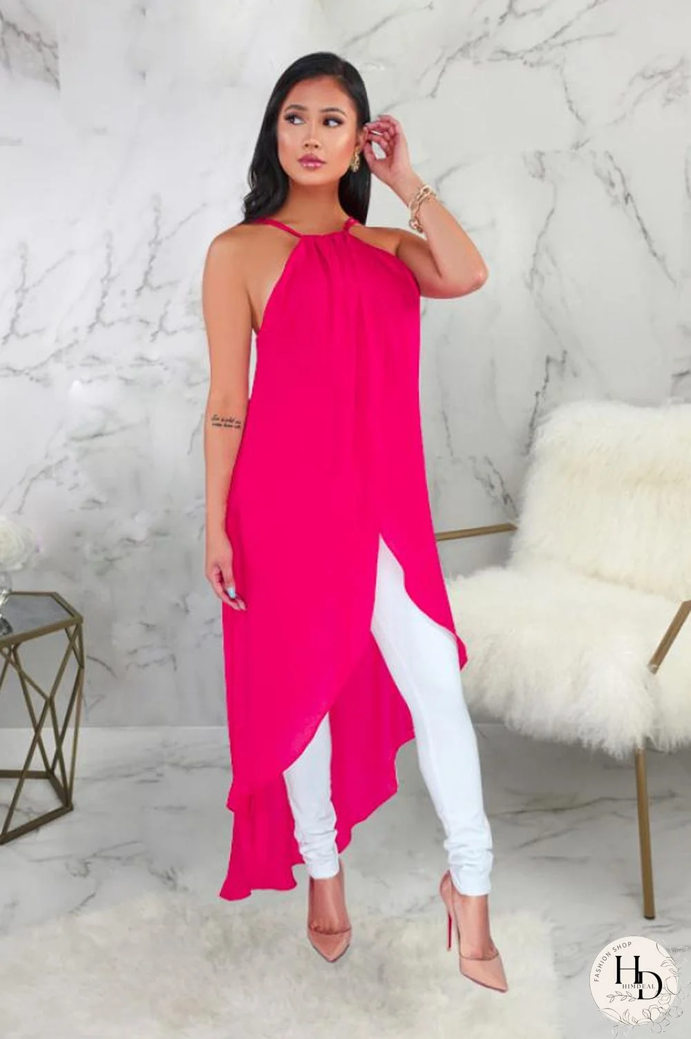 Red Polyester Sexy Fashion Tank Sleeveless O neck Asymmetrical Ankle-Length Patchwork Solid asymmetrical