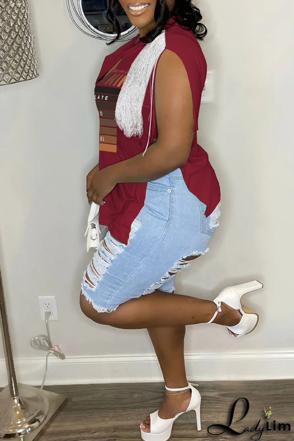 Rose Red Casual Letter Print Tassel Patchwork V Neck T-Shirts