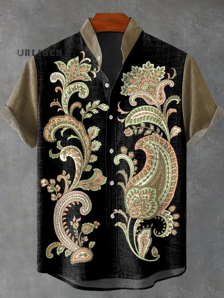 Retro Ethnic Black Bottom Paisley Pattern Print Casual 100% Cotton Shirt
