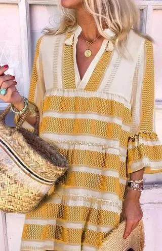 V-Neck Stripe Three Quarter Sleeve Dress